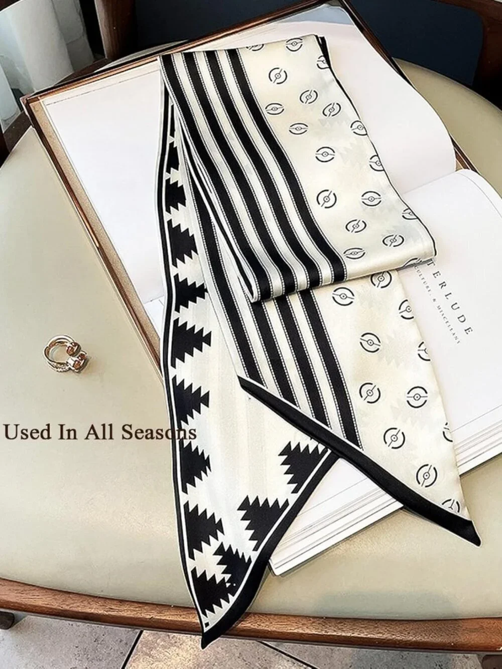 Women's Black and White Geometry Head Scarves Long Skinny Silky Hair Bags Scarf
